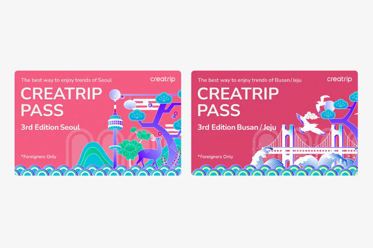 Graphiques colorés et ludiques des éditions du Pass Creatrip pour Séoul et Busan/Jeju révélant des monuments régionaux.