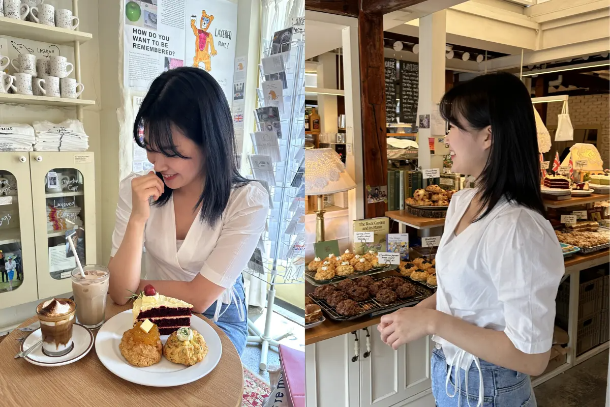 カフェレイヤードのインテリアとして使われている鏡とカフェラテ。」