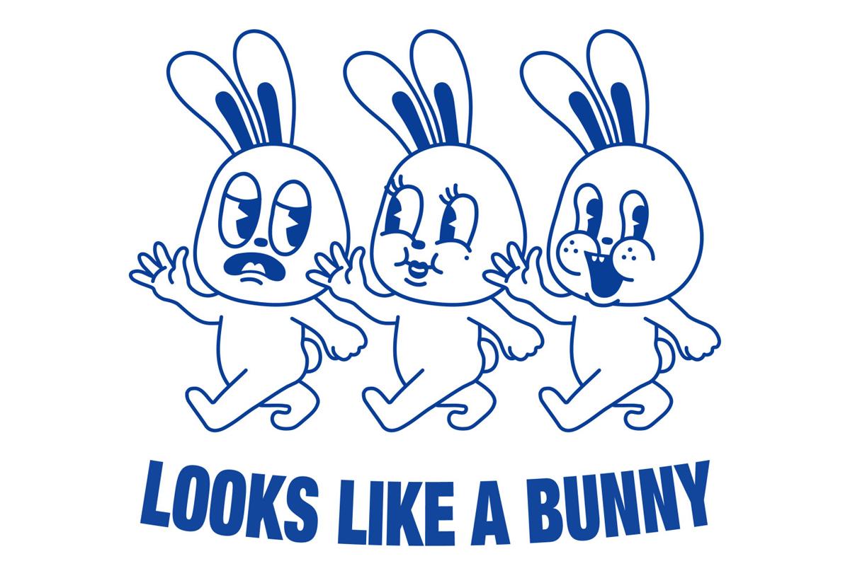 LOOKS LIKE A BUNNY的标志性兔子LOGO，以蓝色线条描绘的三个可爱兔子。