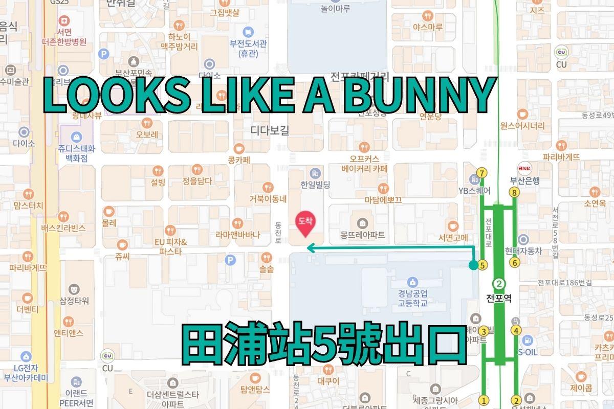 釜山LOOKS LIKE A BUNNY店铺地图位置，靠近田浦站5号出口，便捷的交通位置。