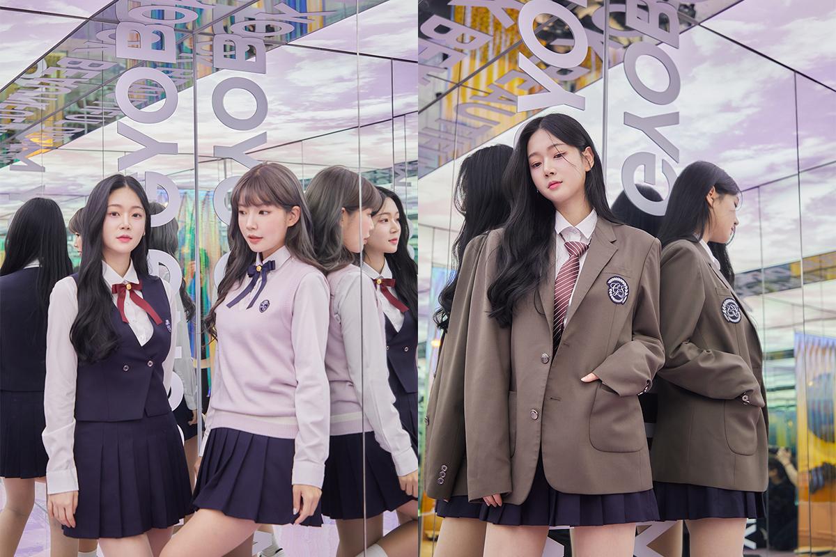 感性制服の試着室の様子。ピンクと紫のドアが並んでいる