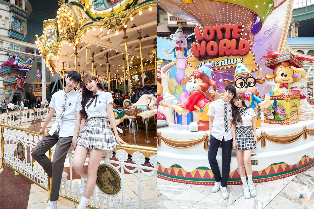 穿韓國典雅校服的學生在樂天世界的展示圖片