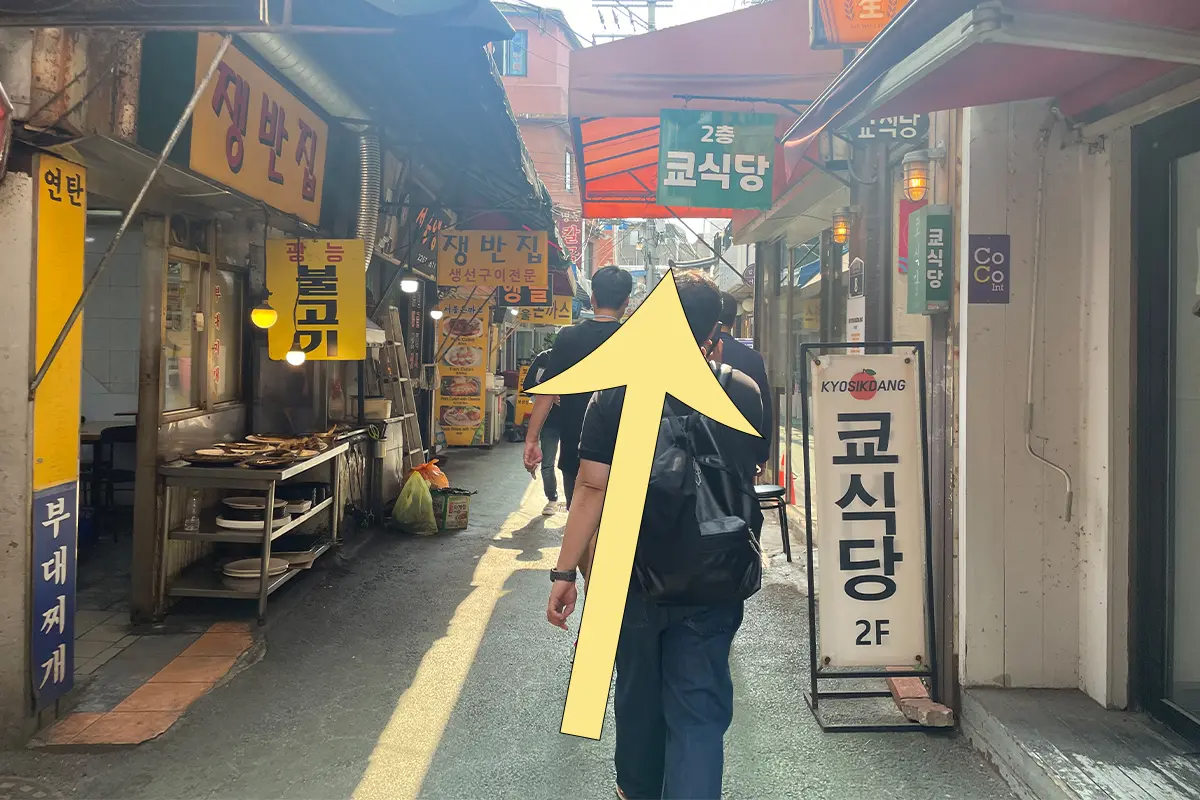 在市場小巷中進行右轉的步行路線圖，有一縫養生卡和塑膠布的店鋪景象。