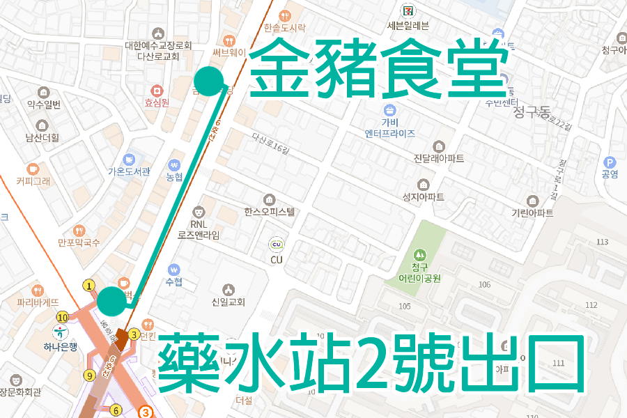 臺北地圖上標示著金豬食堂的位置，以藥水站為中心。