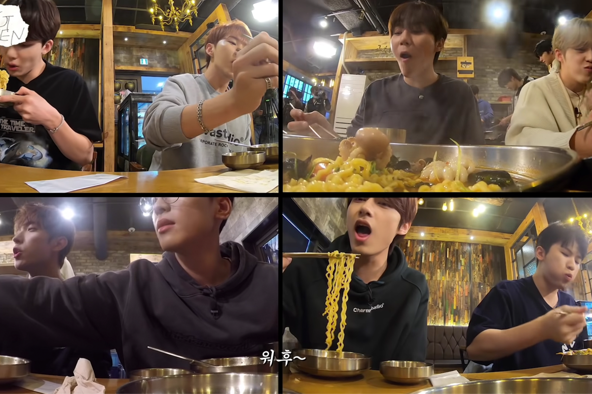 韓國綜藝節目中的多格畫面，顯示不同成員用餐情景