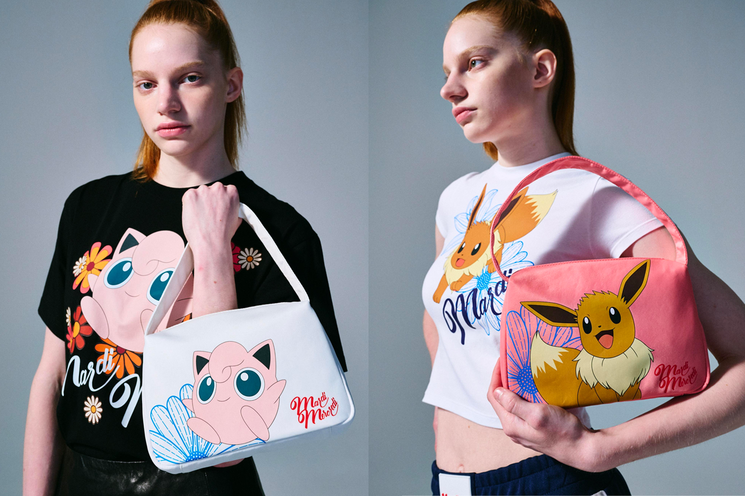 Mardi Mercredi和神奇宝贝的联名产品展示：身穿印有皮卡丘、卡咪龟和伊布图案的时尚T恤女模特，搭配以可爱色彩的包包，展现出青春活力的风格。
