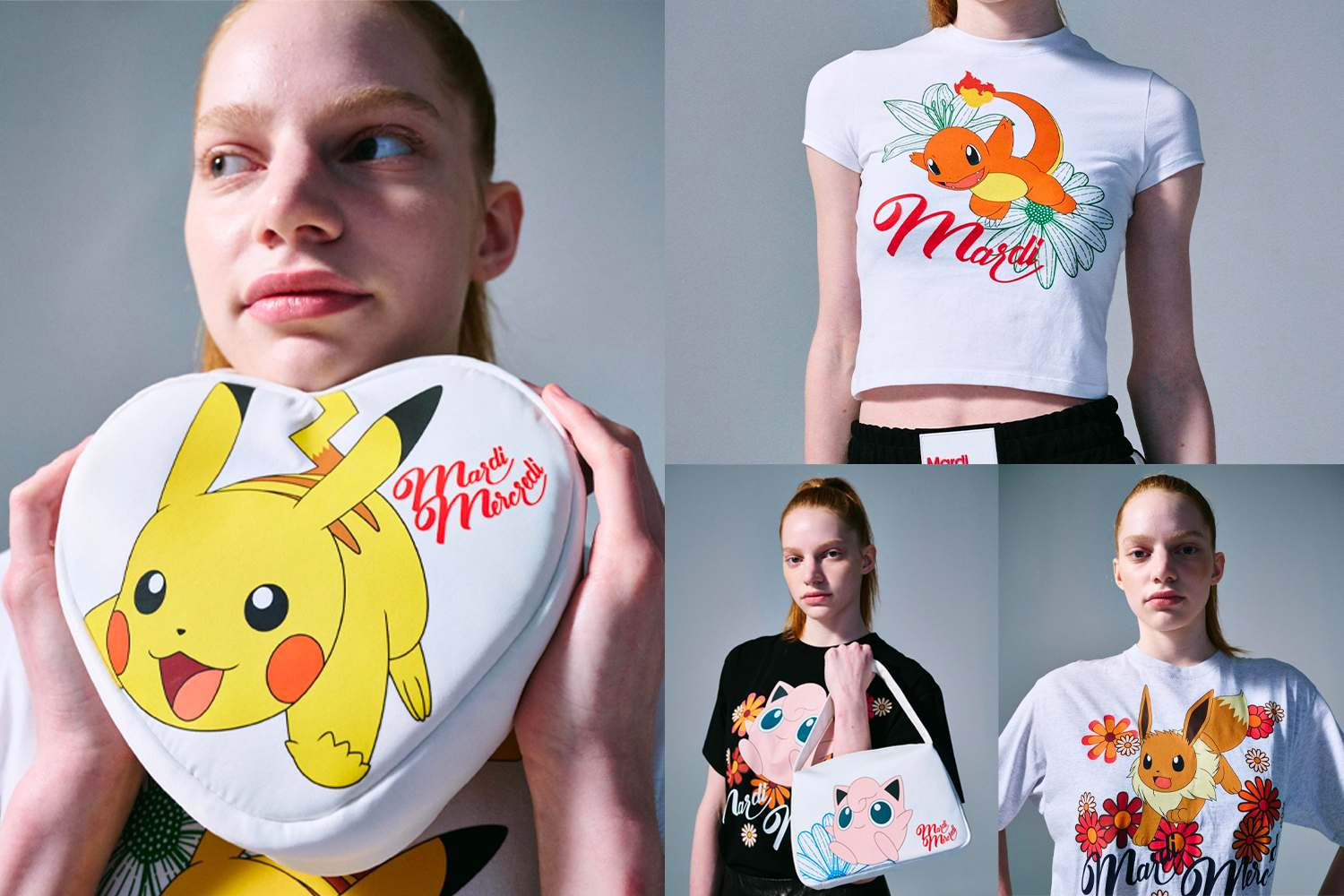 Mardi Mercredi和神奇宝贝联名款产品展示：穿着印有皮卡丘的外套，和印有火焰上的卡咪龟图案的白色Crop T恤的女性模特，展示了时尚与动漫结合的魅力。