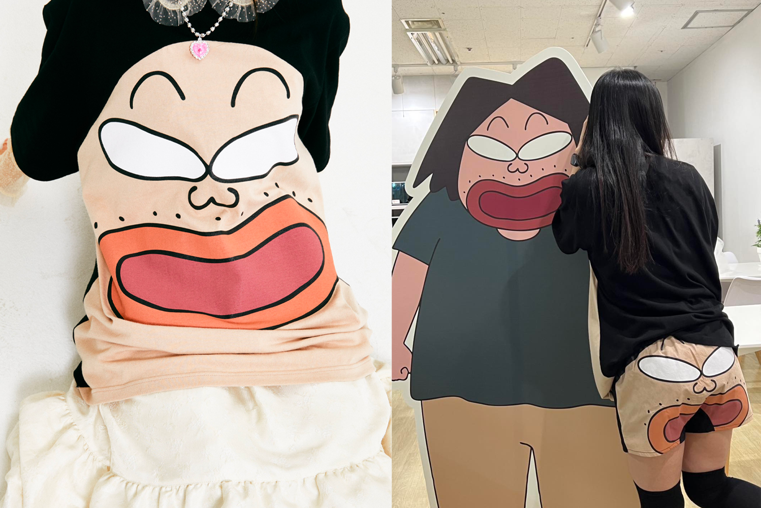 SPAO和蜡笔小新联名款展示：可爱的黑色T恤搭配粉色夸张嘴唇图案的裙子，加上右边展示的巨大蜡笔小新角色立牌，展现了充满趣味与幽默的设计风格。