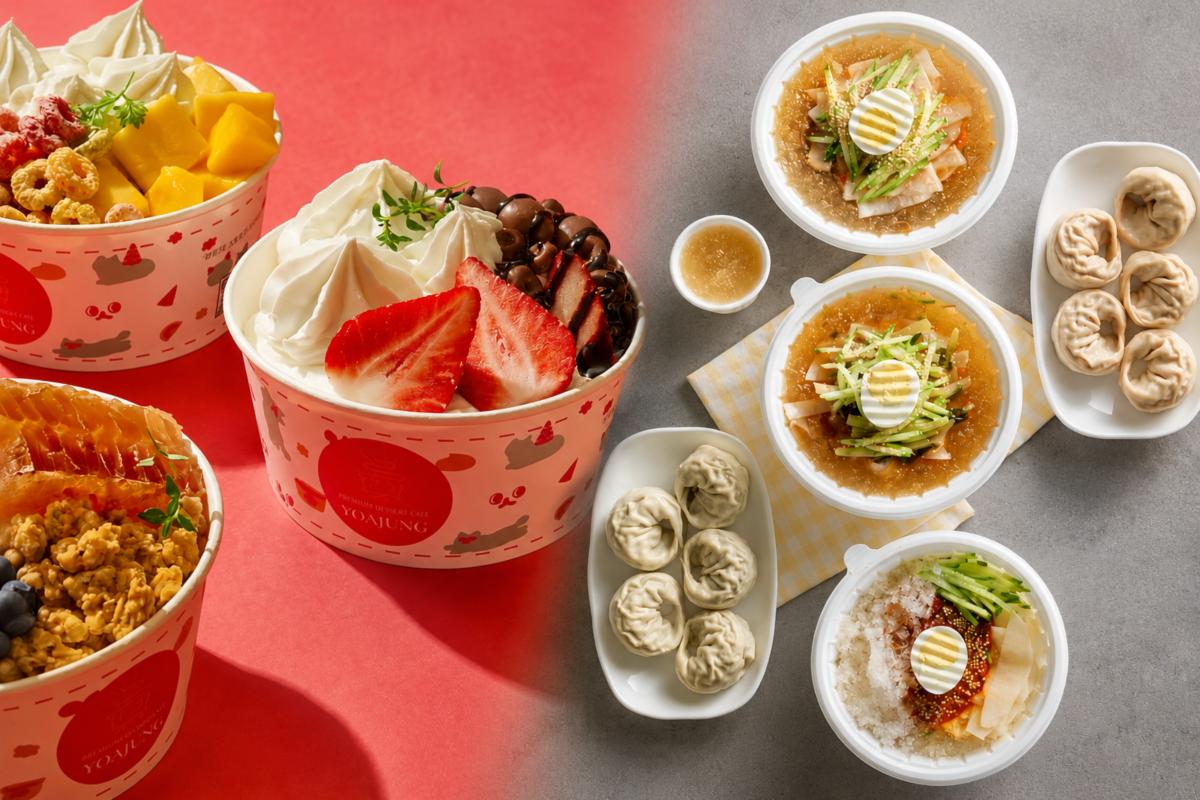 Assorted Korean delivery dishes and fruit-topped shaved ice desserts