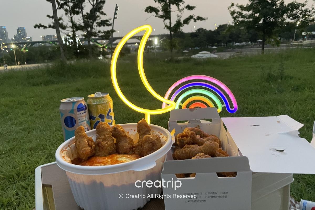 Enjoy a Seoul-style chimaek picnic with chicken and beer on the grass at Hangang River Park