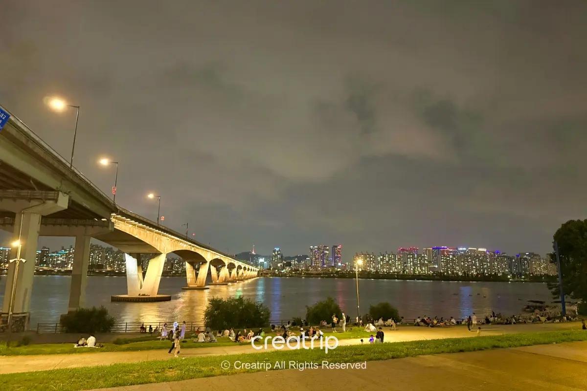 Night view of a lit bridge, Hangang River, and Seoul skyline from a riverside park