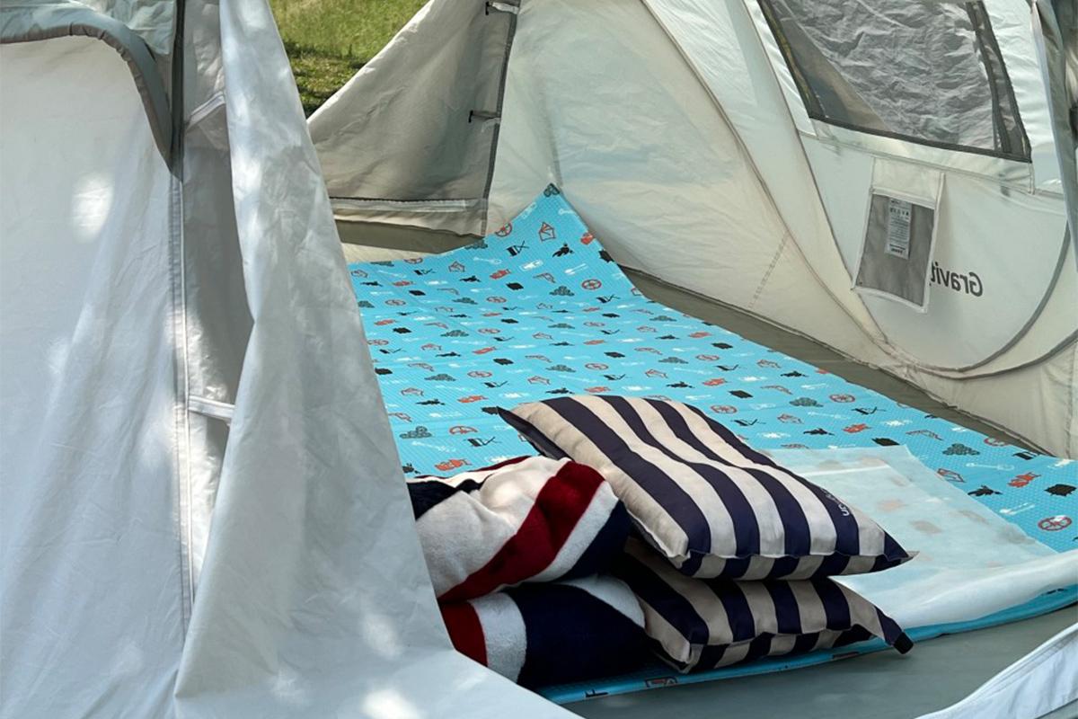 Elegant picnic setup with a cake and Bluetooth speaker on a wooden table inside a tent.