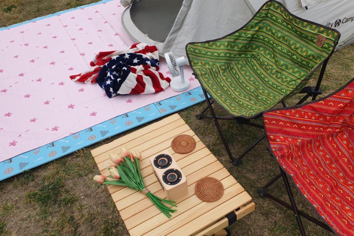 Elegant sushi bento spread on a picnic table alongside decorative elements for a refreshing day at the park.