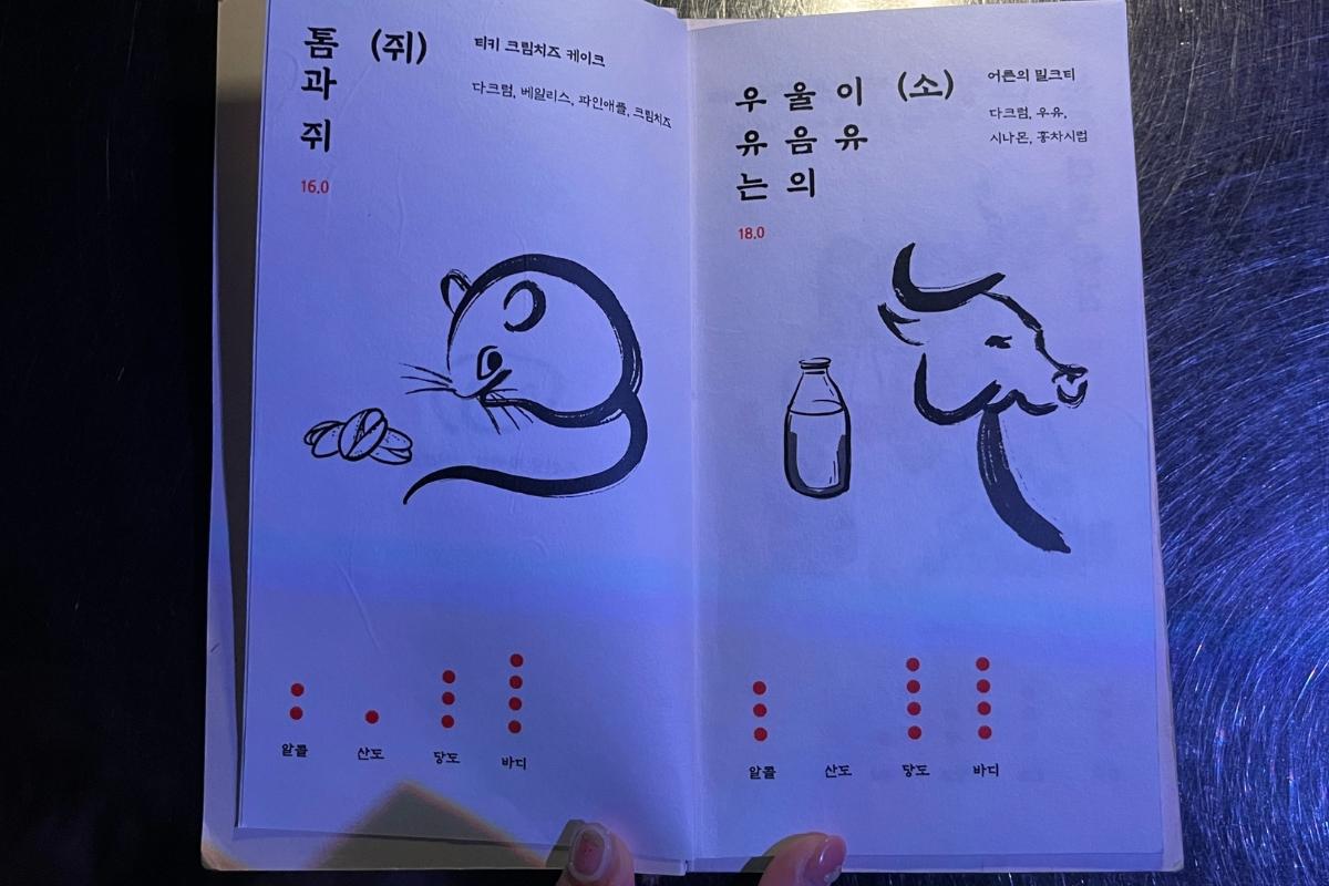 Меню коктейлей в Zodiac-themed баре Zoo Sindang в Сеуле, показывающее изображения зодиакальных животных, включая крысу и быка.