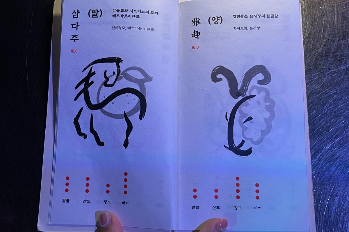 Меню коктейлей зодиакальной тематики в Zoo Sindang с изображением лошади и козы.