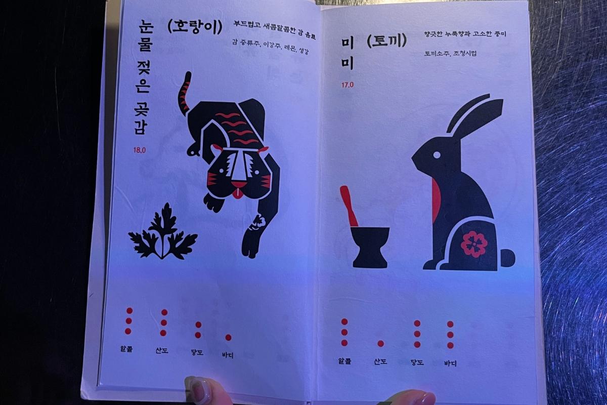 Меню коктейлей Zoo Sindang с изображением зодиакальных животных, включая тигра и кролика.