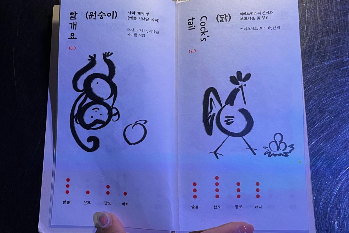 Меню коктейлей зодиакальной тематики в Zoo Sindang в Сеуле с изображением обезьяны и петуха.