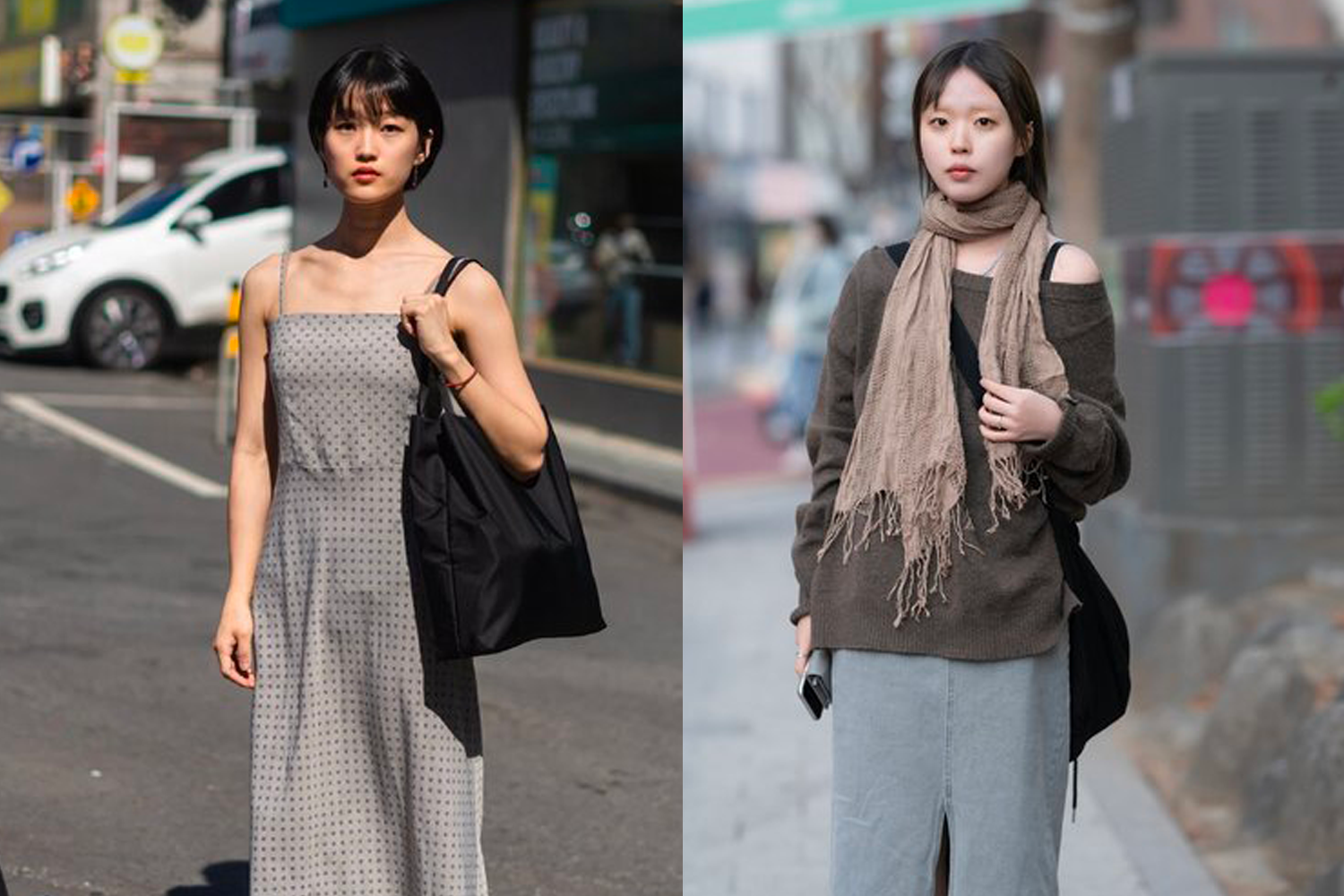 景福宮區域展示的韓國傳統與現代風格的混合，模特展示懷舊與文藝風格，柔和格調的服裝搭配淺色背景。