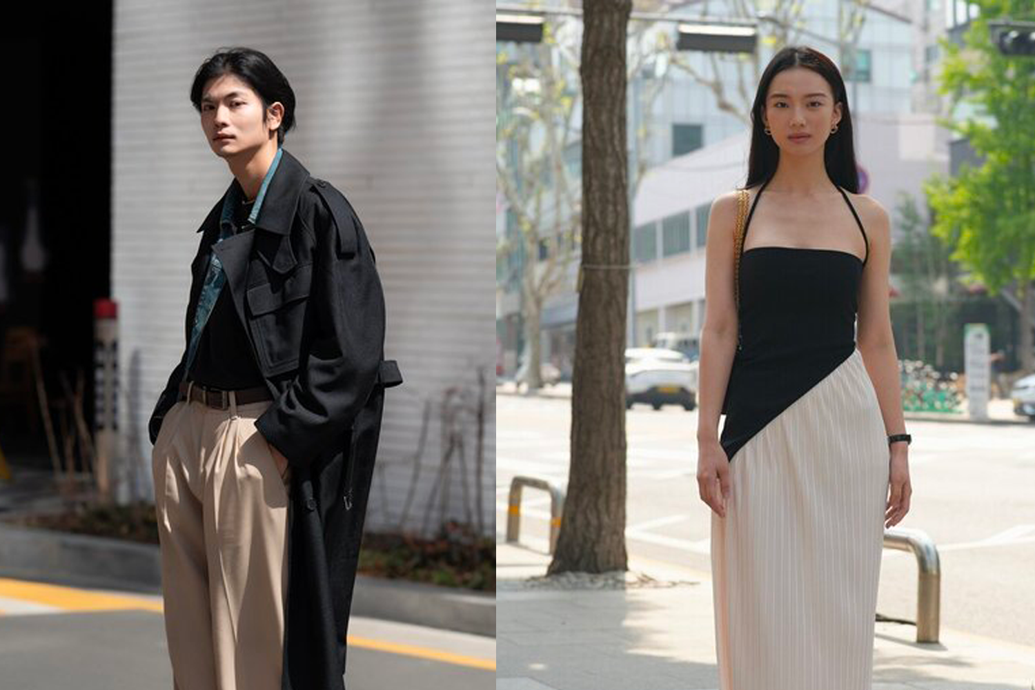 漢南洞的簡約時尚風格，模特展示舒適自然的服飾搭配，深色背景與模特的整體形象和諧一致。