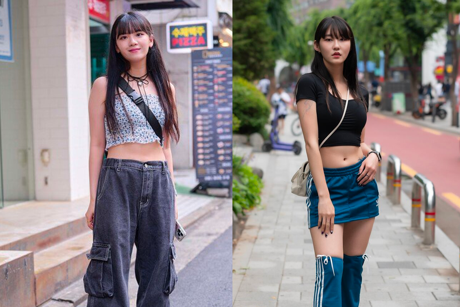 在漢南洞街頭展示的韓國時尚，分別展示寬鬆與修身的年輕穿搭，展現當代時尚的多樣化與個性化。