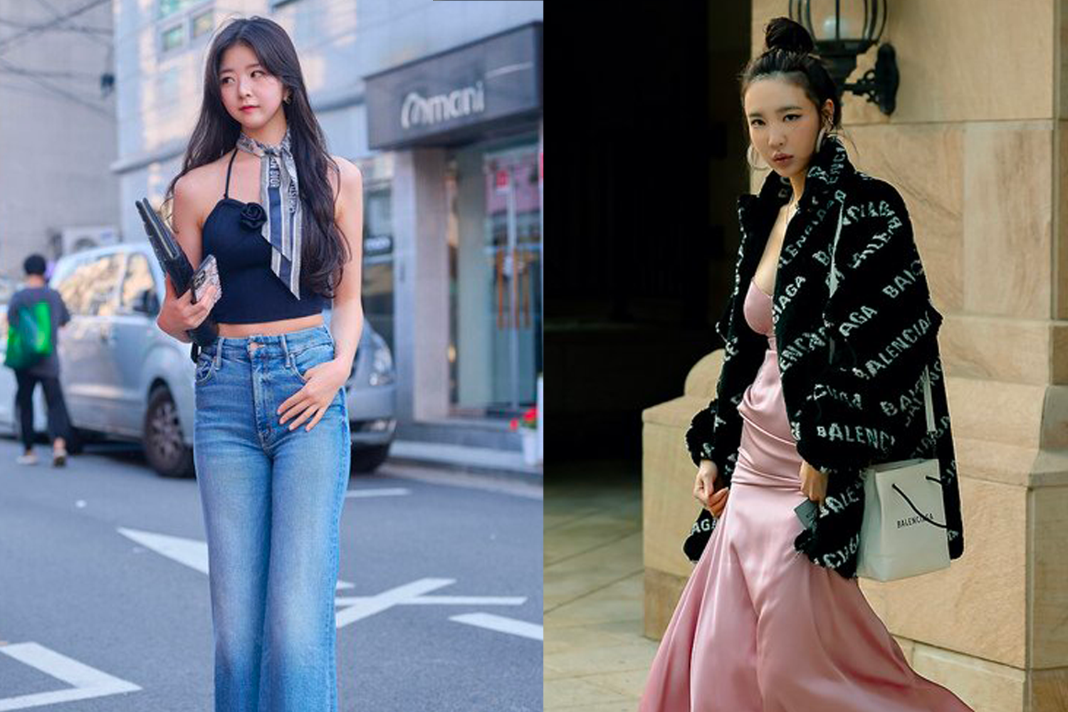 在狎鷗亭街區中，模特展示不同風格的名媛時尚搭配，結合現代和經典的元素，風格典雅奢華。