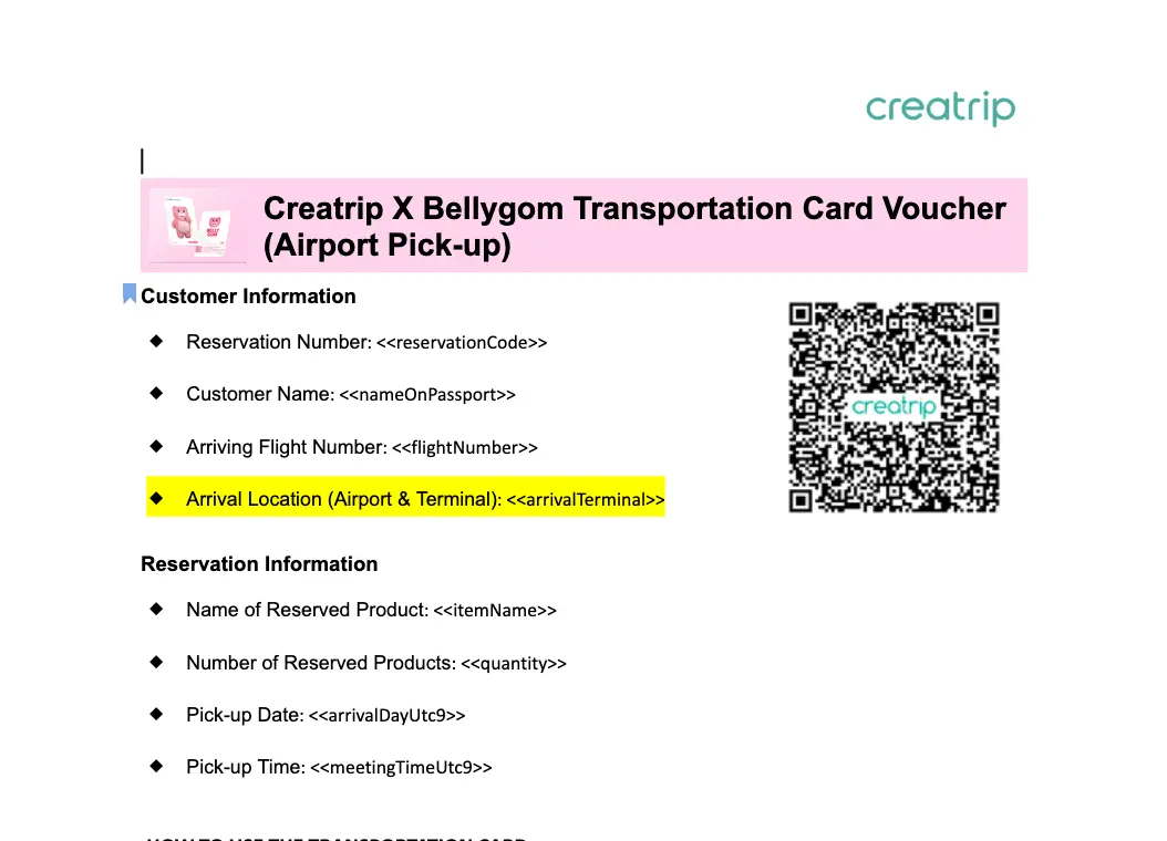 Mẫu voucher thẻ giao thông Creatrip x Bellygom với mã QR để nhận thẻ tiện lợi tại sân bay ở Hàn Quốc.
