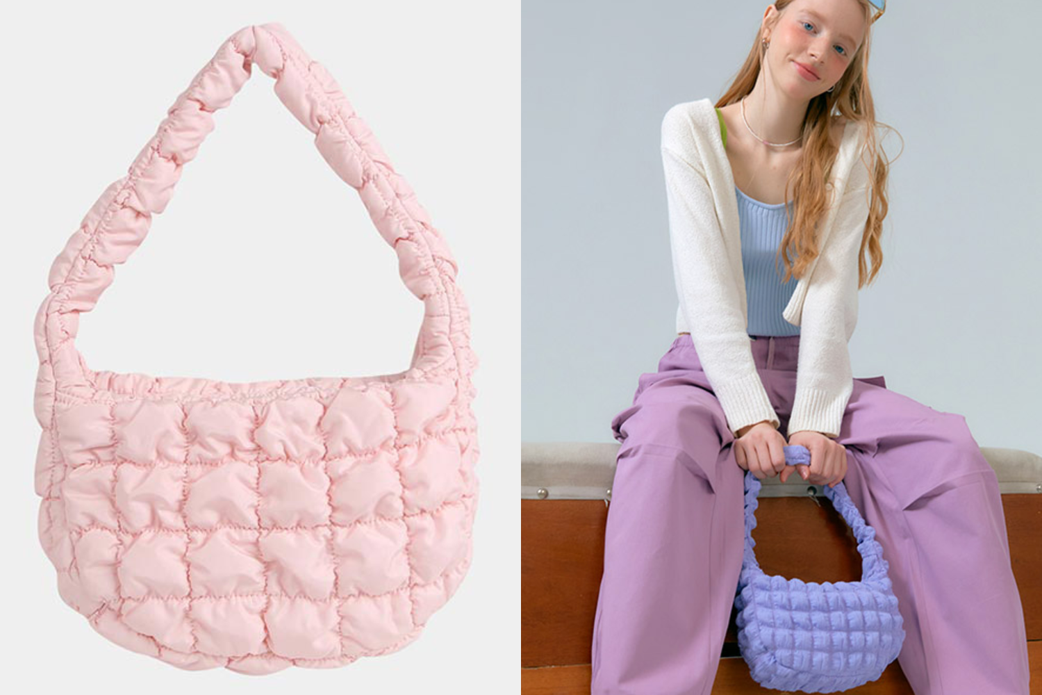 粉色云朵包单独展示图及模特搭配紫色裤装与浅紫色手提包，营造清新的春夏风格。