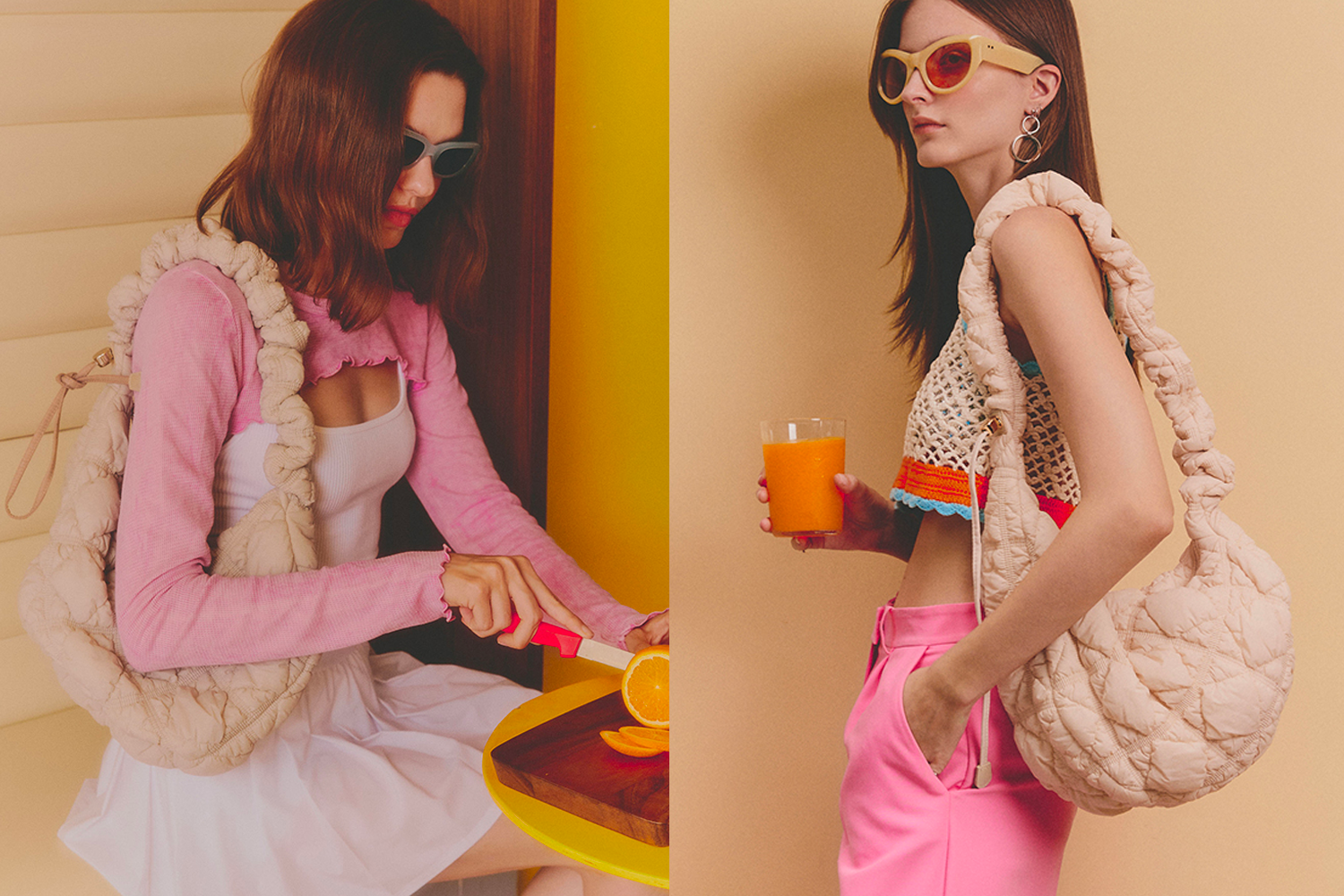 模特手拎Shoopen裸色云朵包，以粉色系混搭风格展现活力青春的造型。