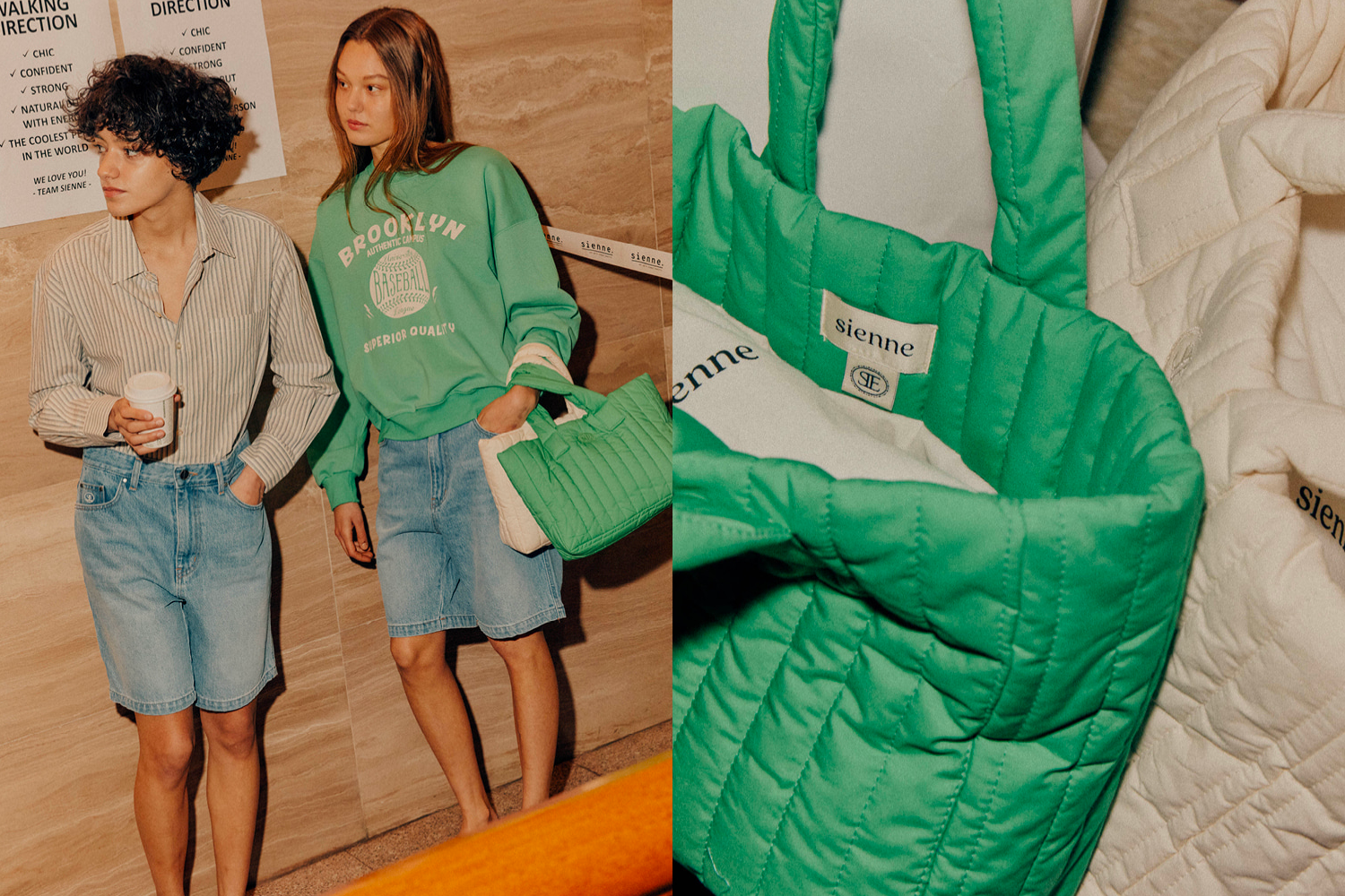 两位时尚模特展示Sienne手提包，绿色手袋与简约的穿搭形成绝佳的搭配。