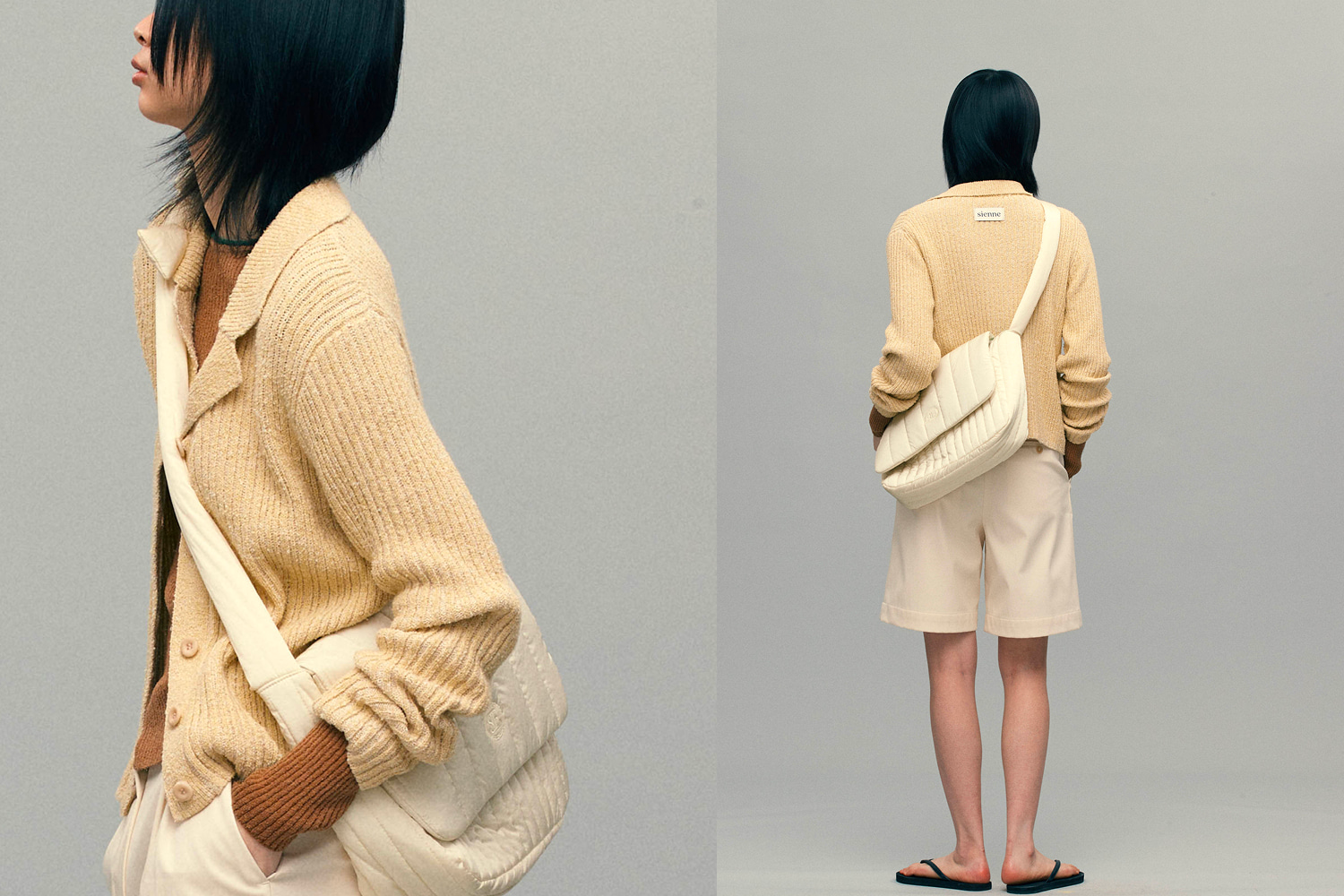 Sienne的白色斜挎包，模特身着现代经典的卡其色装扮，优雅的气质展露无遗。