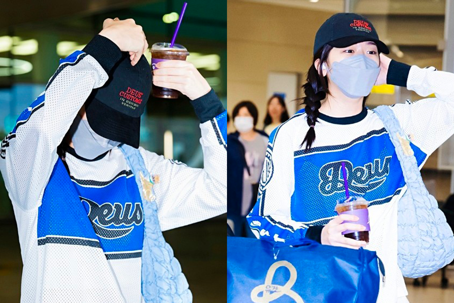 机场潮人穿搭，搭配蓝白相间的运动衫与COS蓝色云朵包，散发出休闲与时尚的气息。