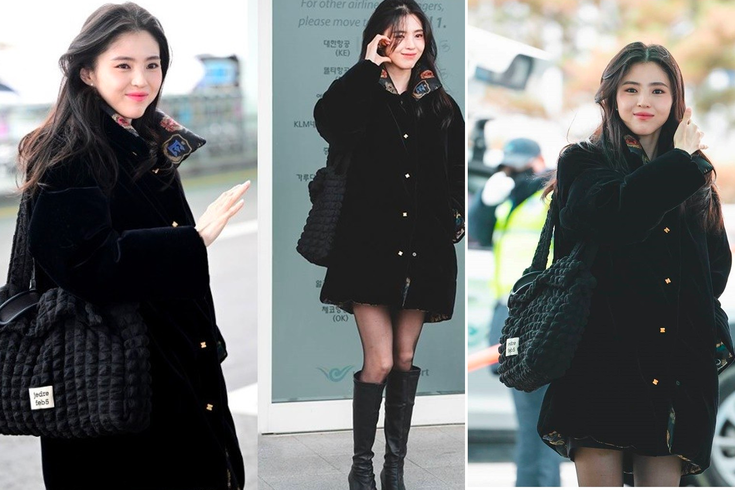 Jedrefeb5时尚包包，悬挂在黑色外套模特肩上，黑色格纹设计展现摩登都市的现代感。