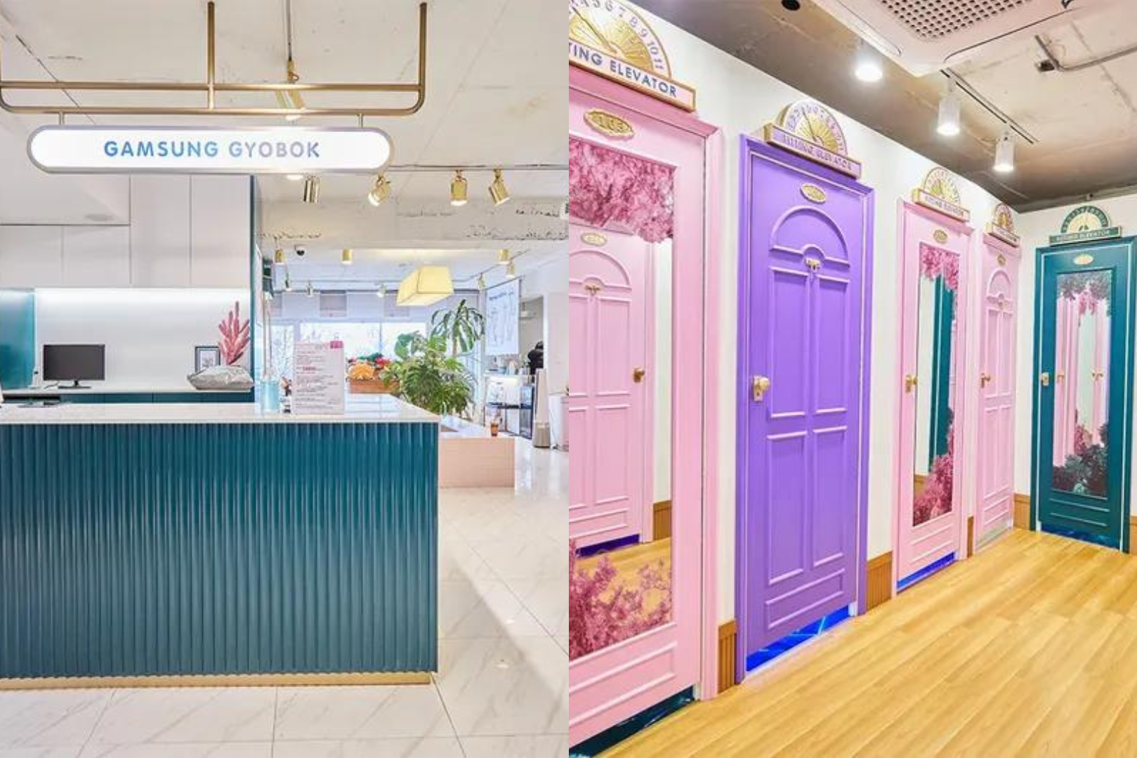 蚕室の感性制服店の受付と店内のカラフルなフォトブース。