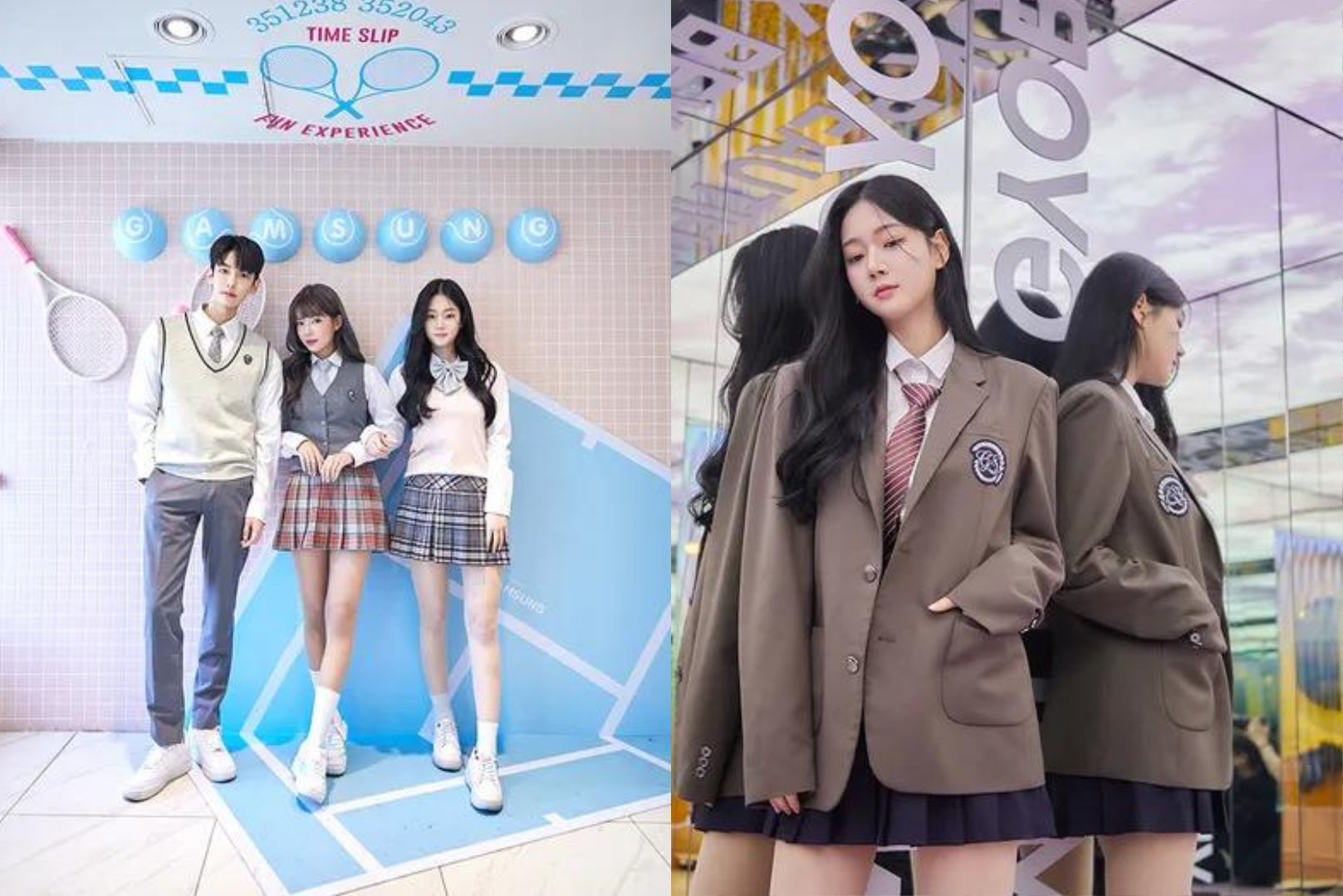 感性制服を着た2人の女性と1人の男性がフォトゾーンでポーズをとっている。