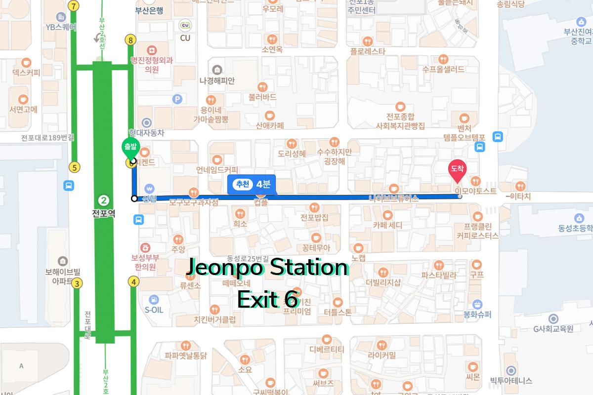 Map showing location of Jeonpo Station Exit 6 leading to the Because Friends studio.