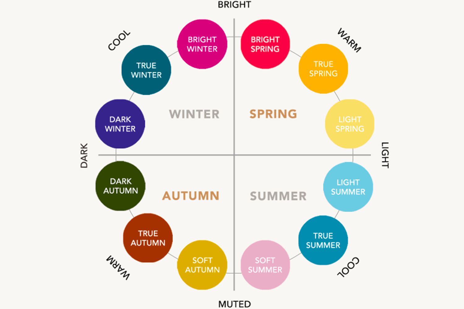 個人色彩分析中的四季色輪圖，以顯示色彩分析的不同屬性和方向，如冷、暖、亮和暗。