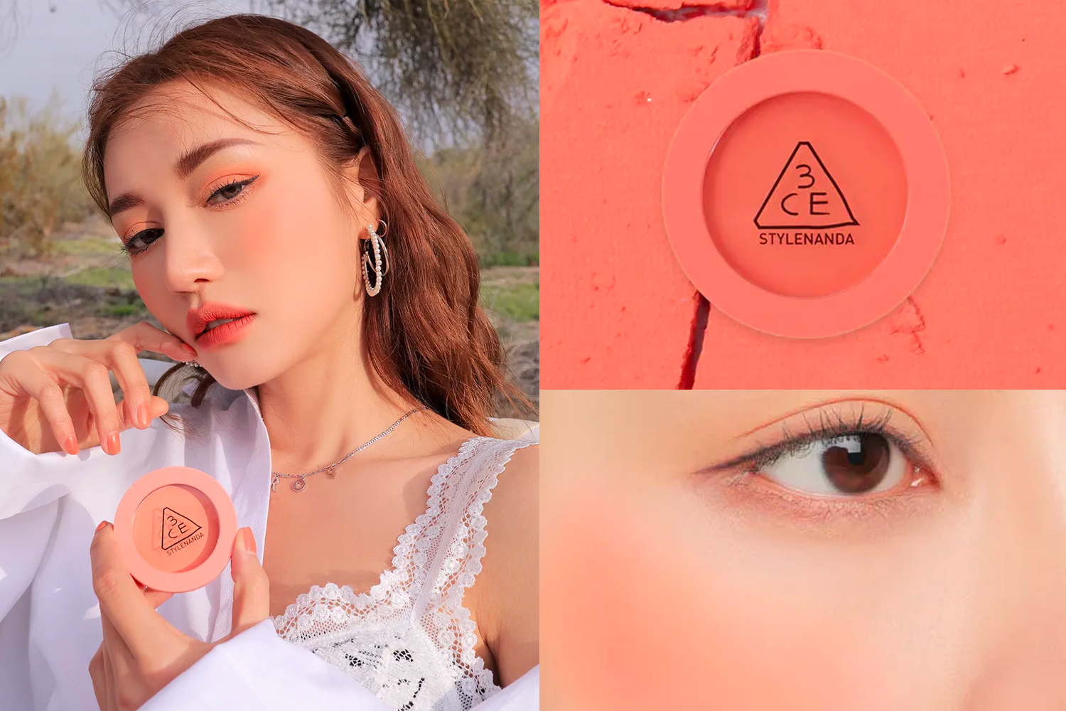 展示3CE腮紅 Full of Charm，搭配鮭魚橘色腮紅使用示例。