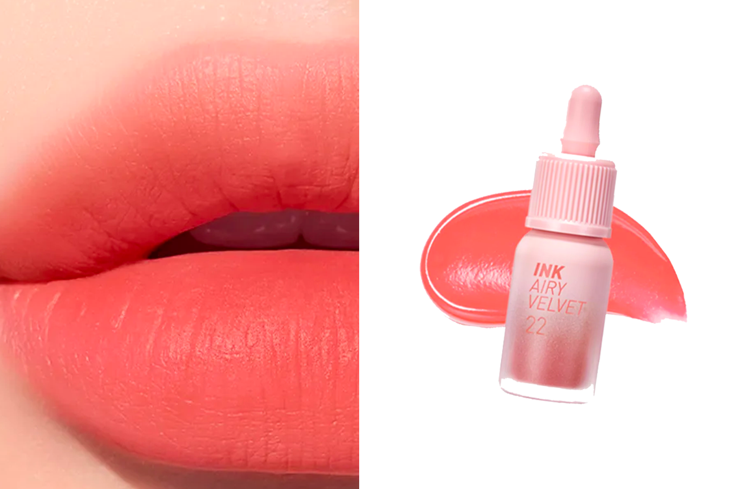 一隻塗抹Peripera Airy Velvet唇釉#22的鮭魚橘色嘴唇，搭配產品展示圖。