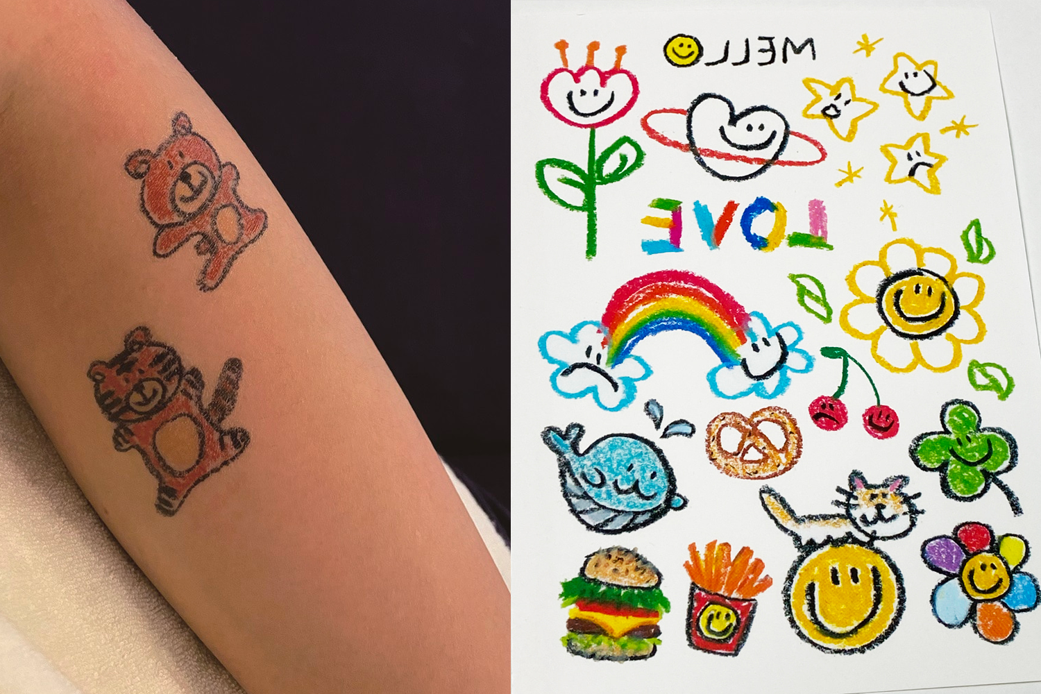 Mello品牌的蠟筆風紋身貼紙，色彩繽紛，充滿童趣感