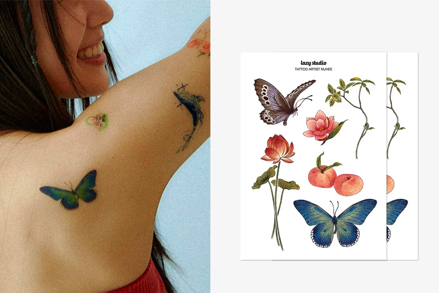 第二款嬌豔寫實風格的Lazy Studio紋身貼紙，蝴蝶與花卉的精緻畫風