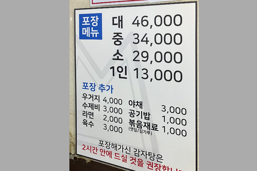서울 성수동에 위치한 전설의 감자탕 메뉴판 이미지. 감자탕 가격은 대 46,000원, 중 34,000원, 소 29,000원이며 1인용은 13,000원이다. 다양한 재료 추가 옵션도 포함되어 있으며 손님들이 2시간 이내에 드실 것을 추천하고 있다. 대만어로 번역된 ALT TEXT.