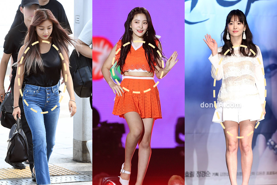 直筒型體型的韓國女性偶像代表：TWICE志效、Red Velvet Yeri、宋慧喬，展示她們的具體身材特徵。