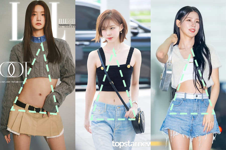 代表波浪型體型的韓國女明星：允兒、Aespa Winter、(G)i-dle美延，展示其細肩長頸特徵。