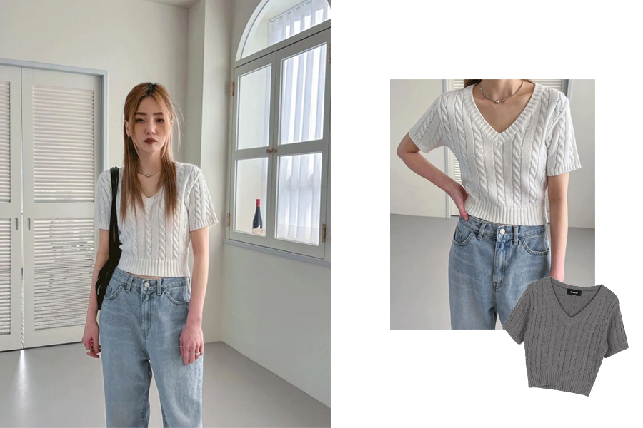 適合直筒型體型的BLACKUP短版麻花針織上衣，以V領和短版重點突顯腰部曲線。