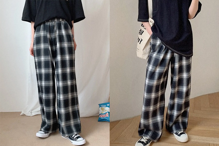 MUAHMUAH格紋鬆緊棉褲，推薦給自然型體型穿著的寬鬆褲款，增添豐富線條感。