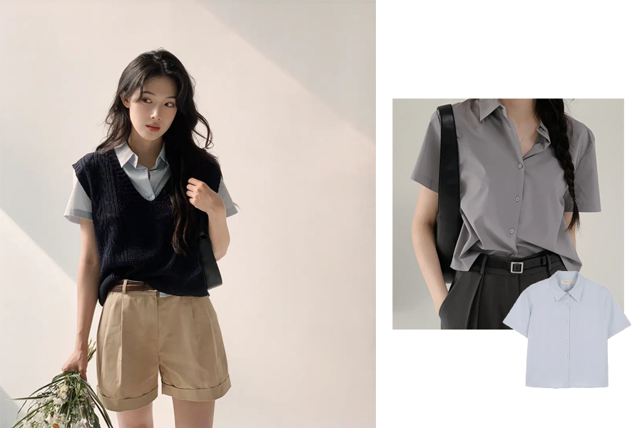 適合直筒型體型的SLOWAND夏日純淨短袖襯衫，簡潔裁剪和垂墜面料減少臃腫感，強調優雅氣質。