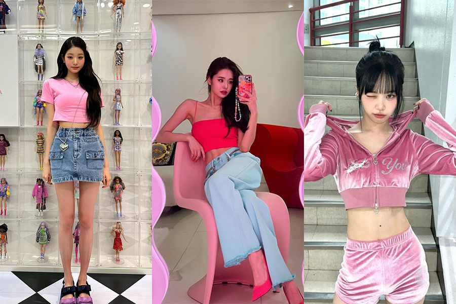 时尚偶像利用粉色单品展示Barbie-core风格，搭配牛仔裤，展现出复古与现代的结合。