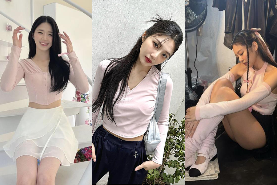 模特展示Ballet-core风格，穿着芭蕾舞风格的衣服与现代裤装混搭，展现纯真和运动感。