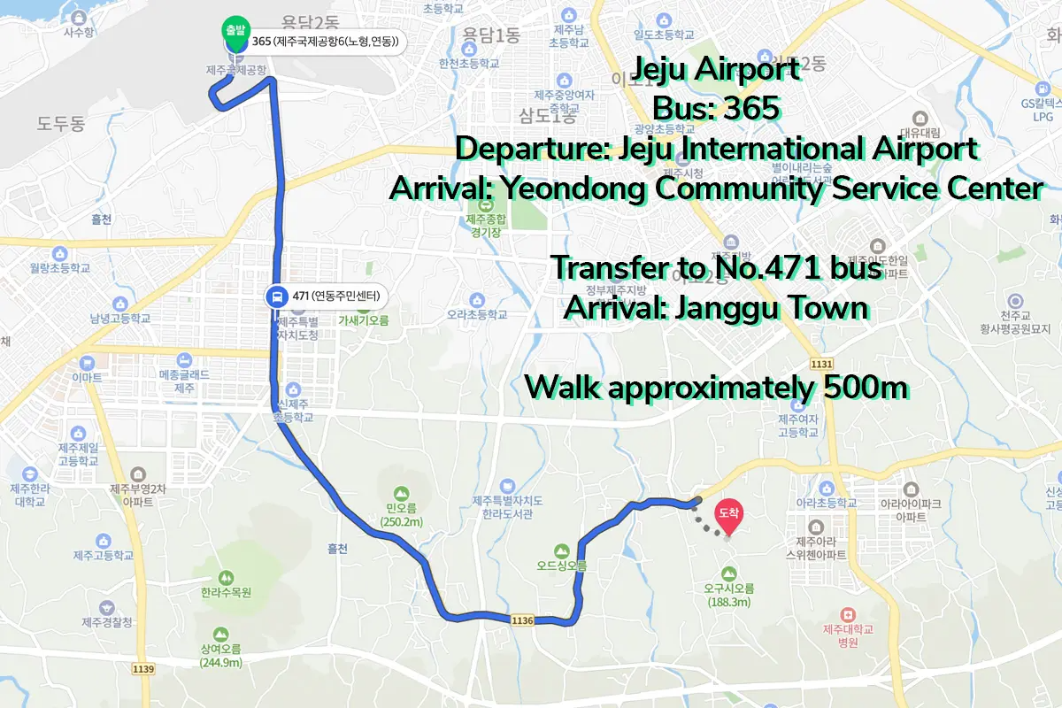 從濟州國際機場到Ours Coffee的詳細交通路線圖，簡單的步行和換乘指導。