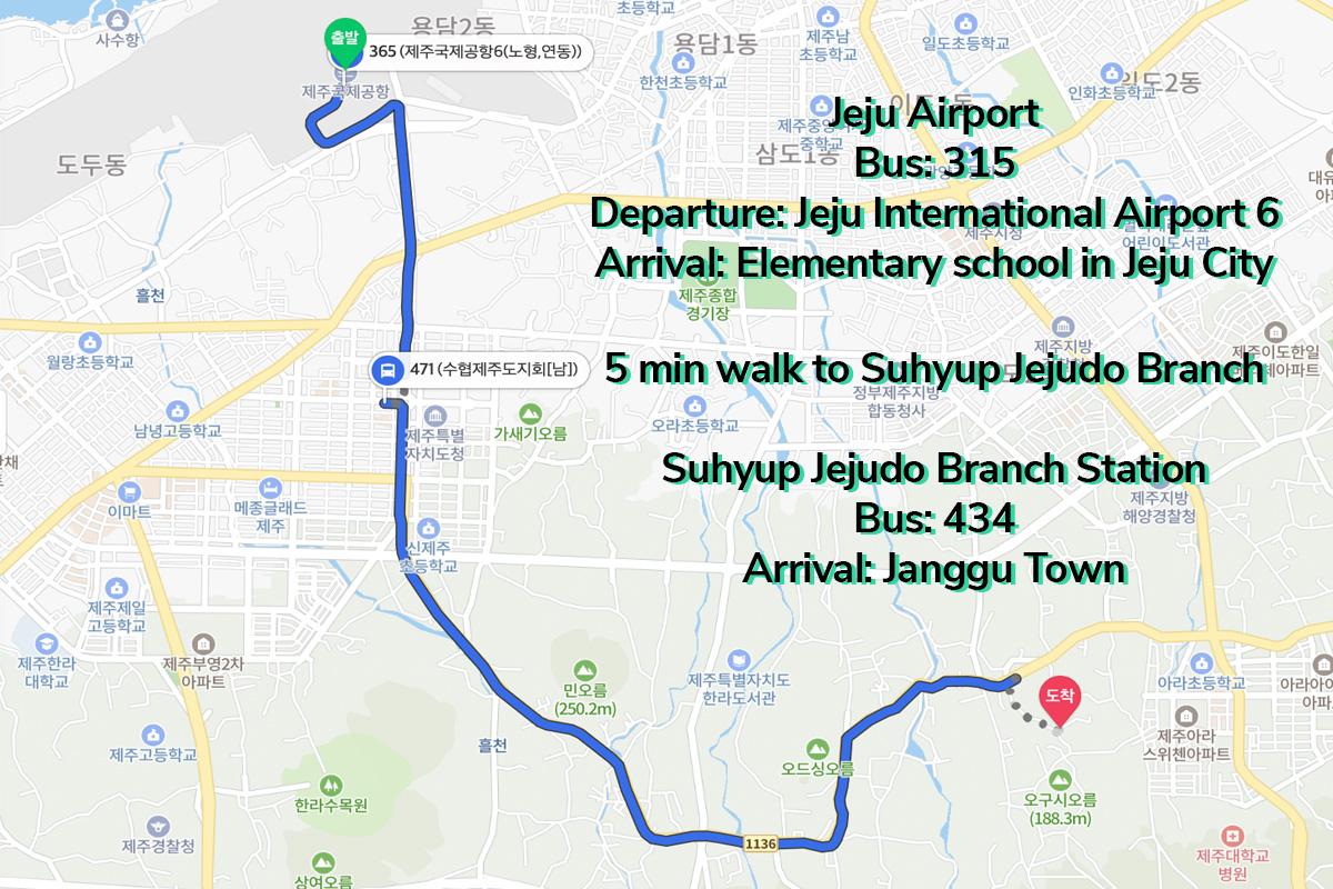 แผนที่ขนส่งและการเดินทางไปยัง Ours Coffee แสดงเส้นทางที่สะดวกผ่านรถบัสในเกาะเจจู